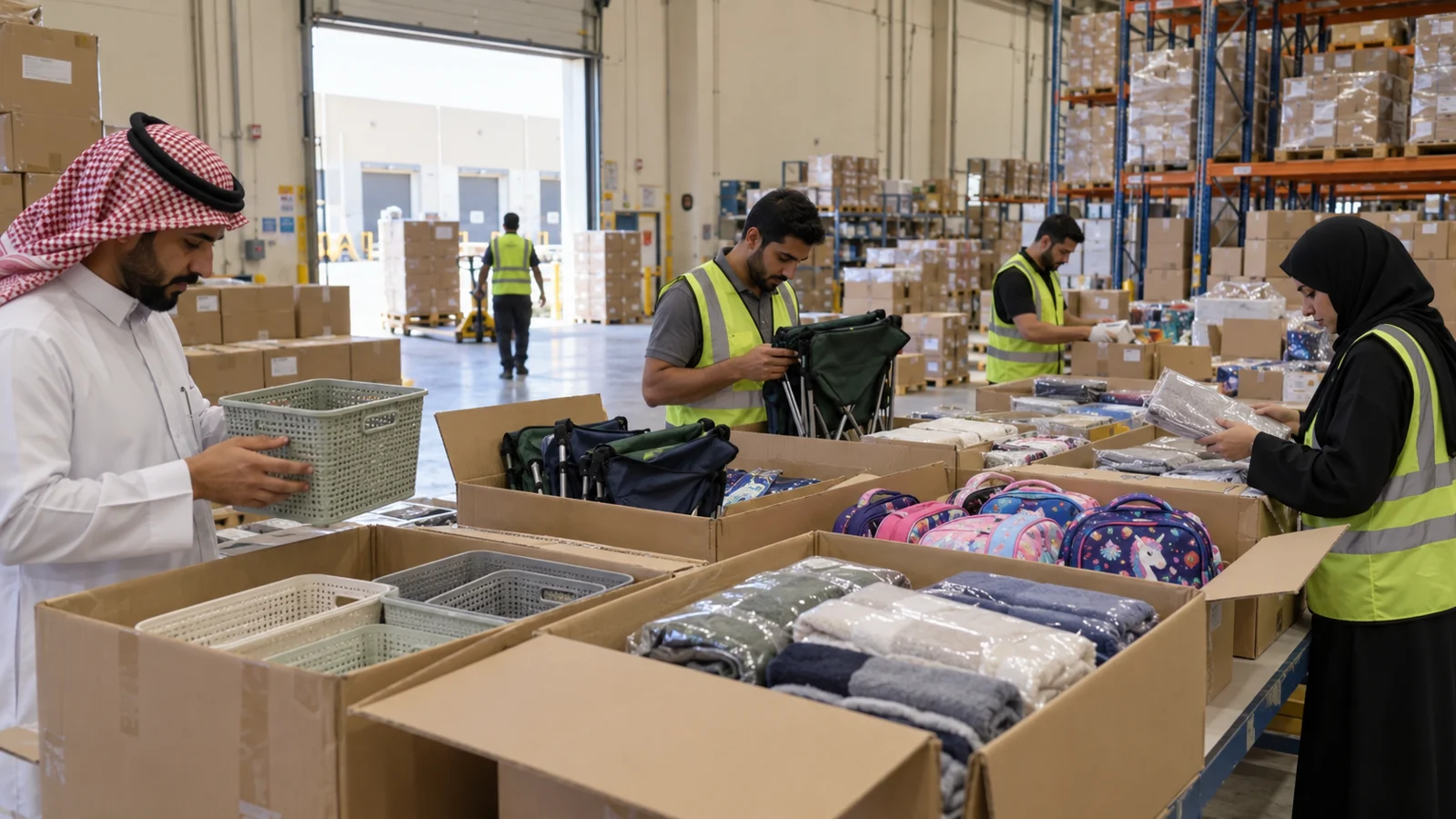 Mixed-category Saudi warehouse scene, illustrative image