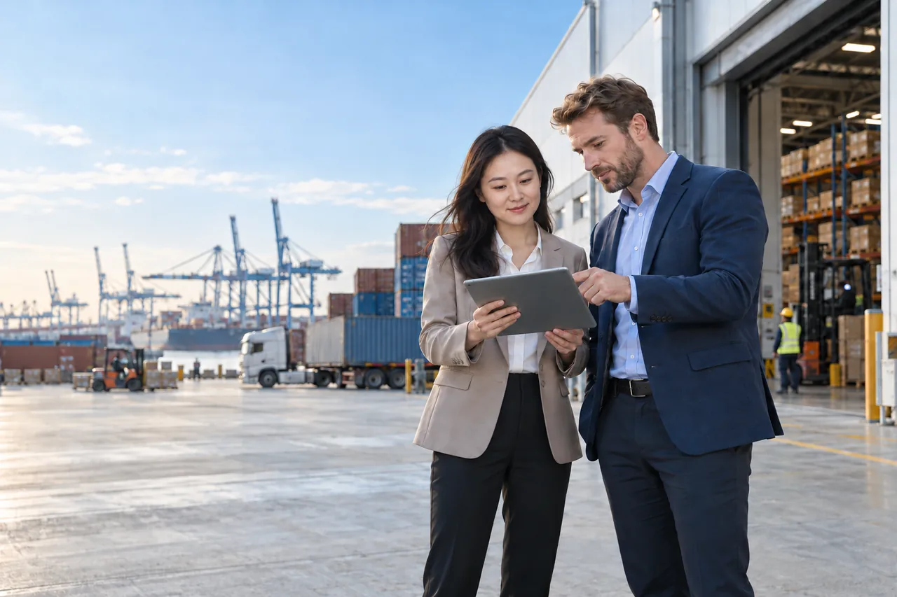 Illustrative sourcing partners reviewing a tablet beside a logistics warehouse and container port
