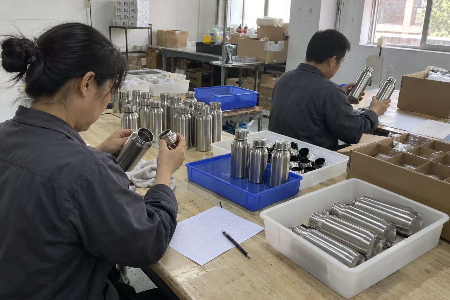 Illustrative phone-style scene of workers checking individual unbranded bottles at a workshop table.