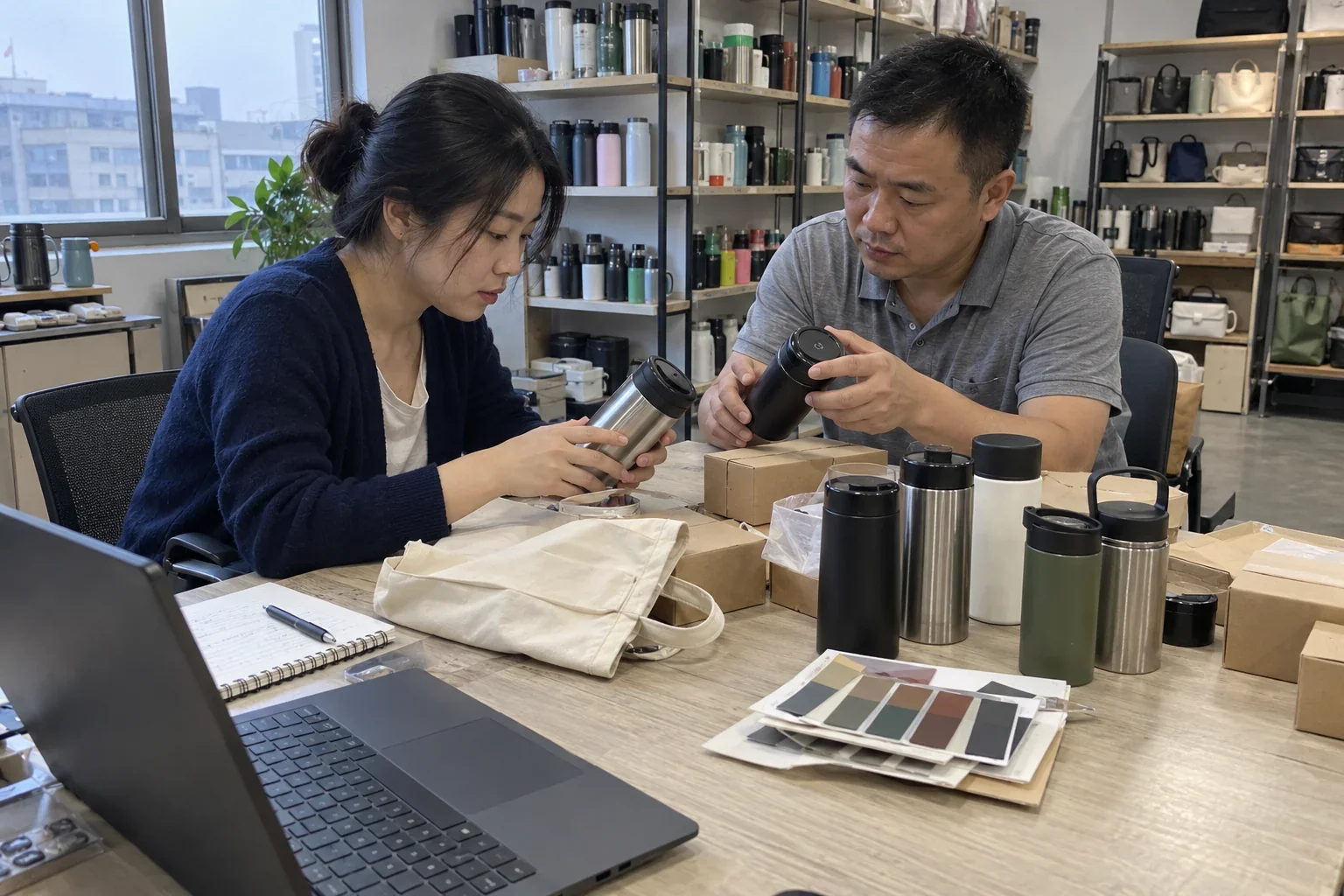 Product samples reviewed at a sourcing desk.
