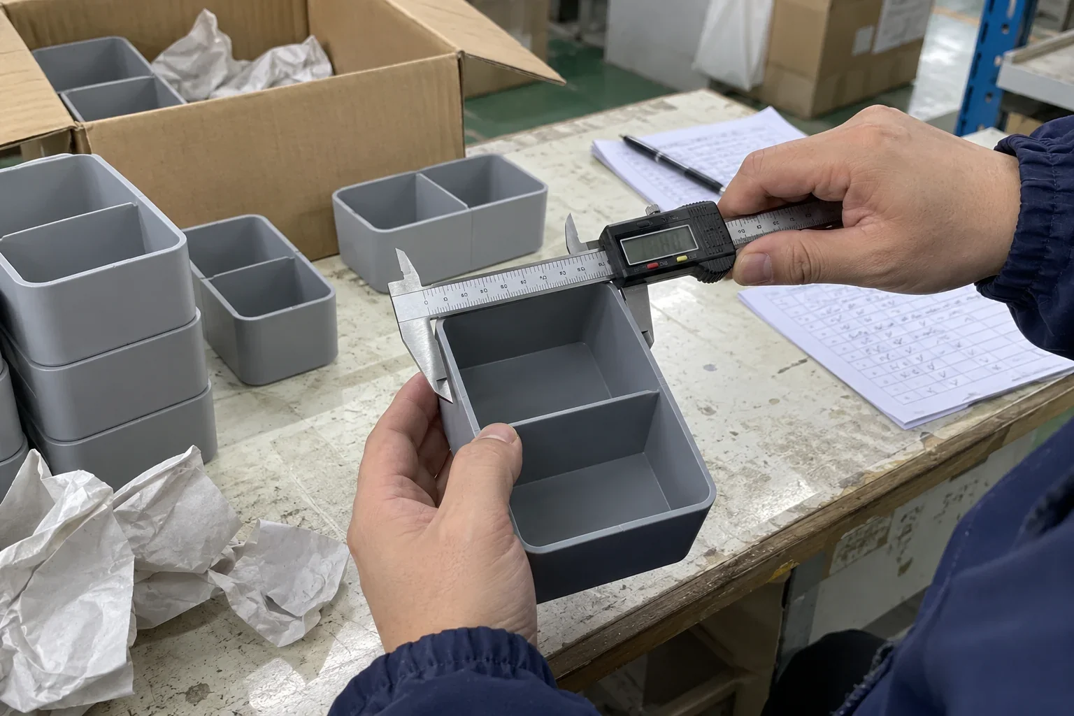 Illustrative close-up of hands measuring a product sample with a digital caliper.