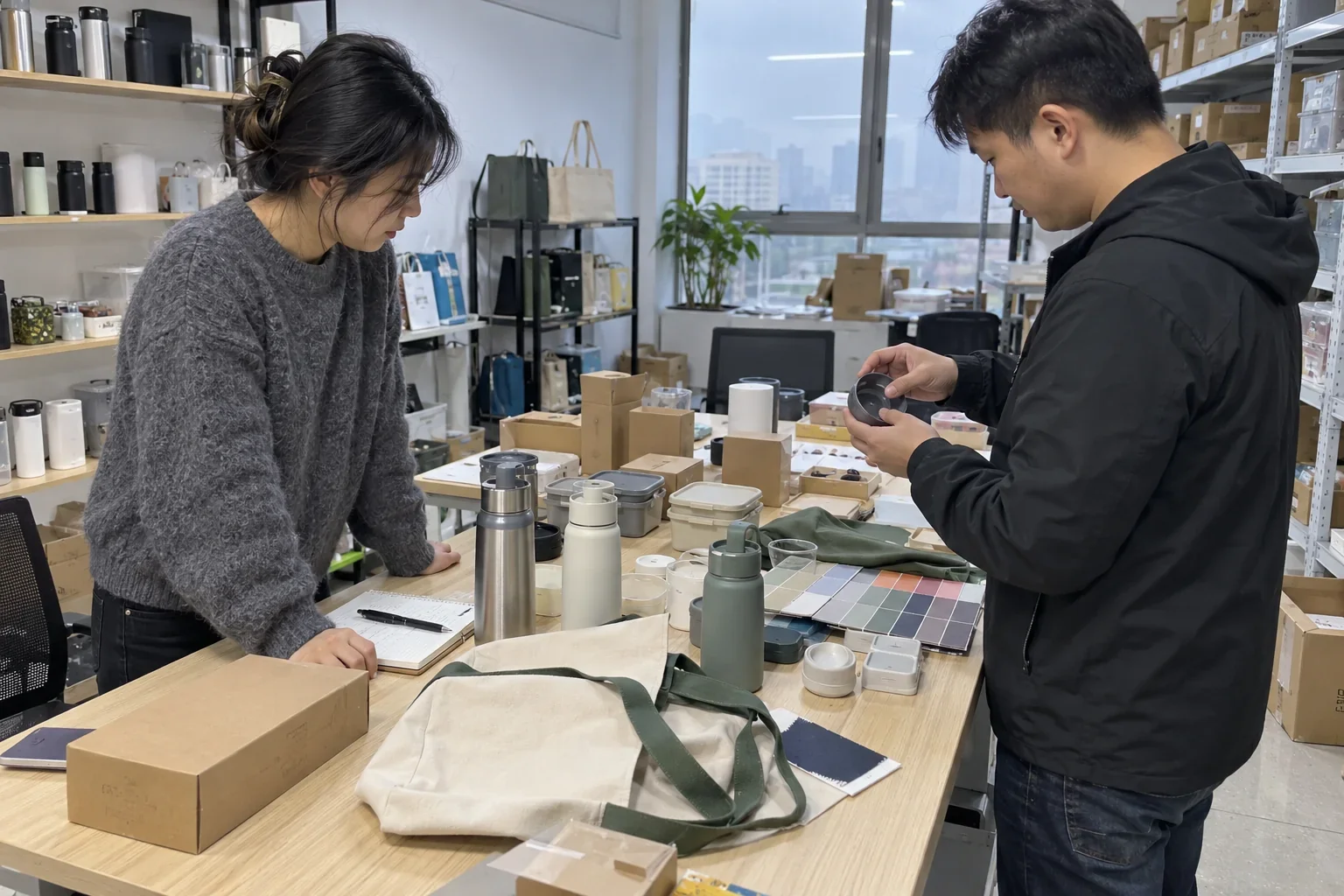 Illustrative phone-style scene of people comparing product samples at a supplier showroom.