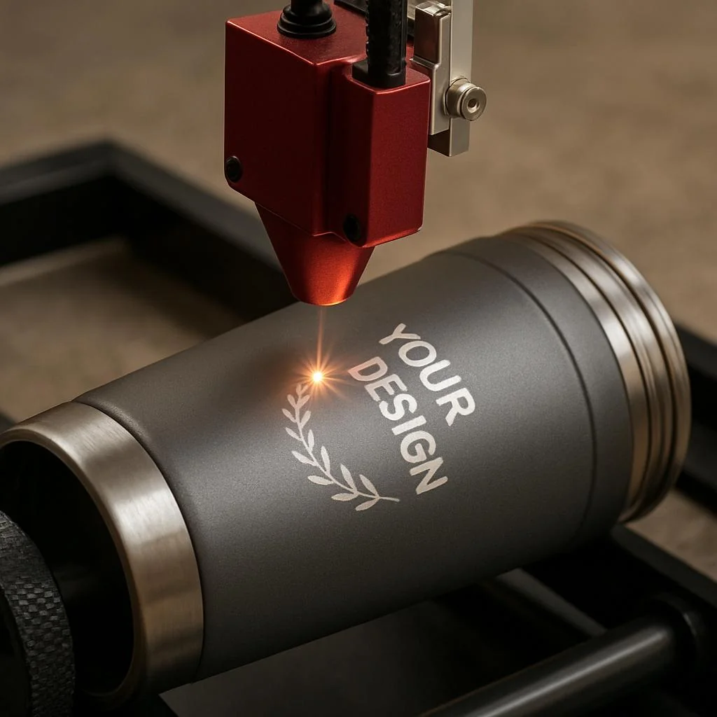 Laser engraving on the surface of a metal tumbler
