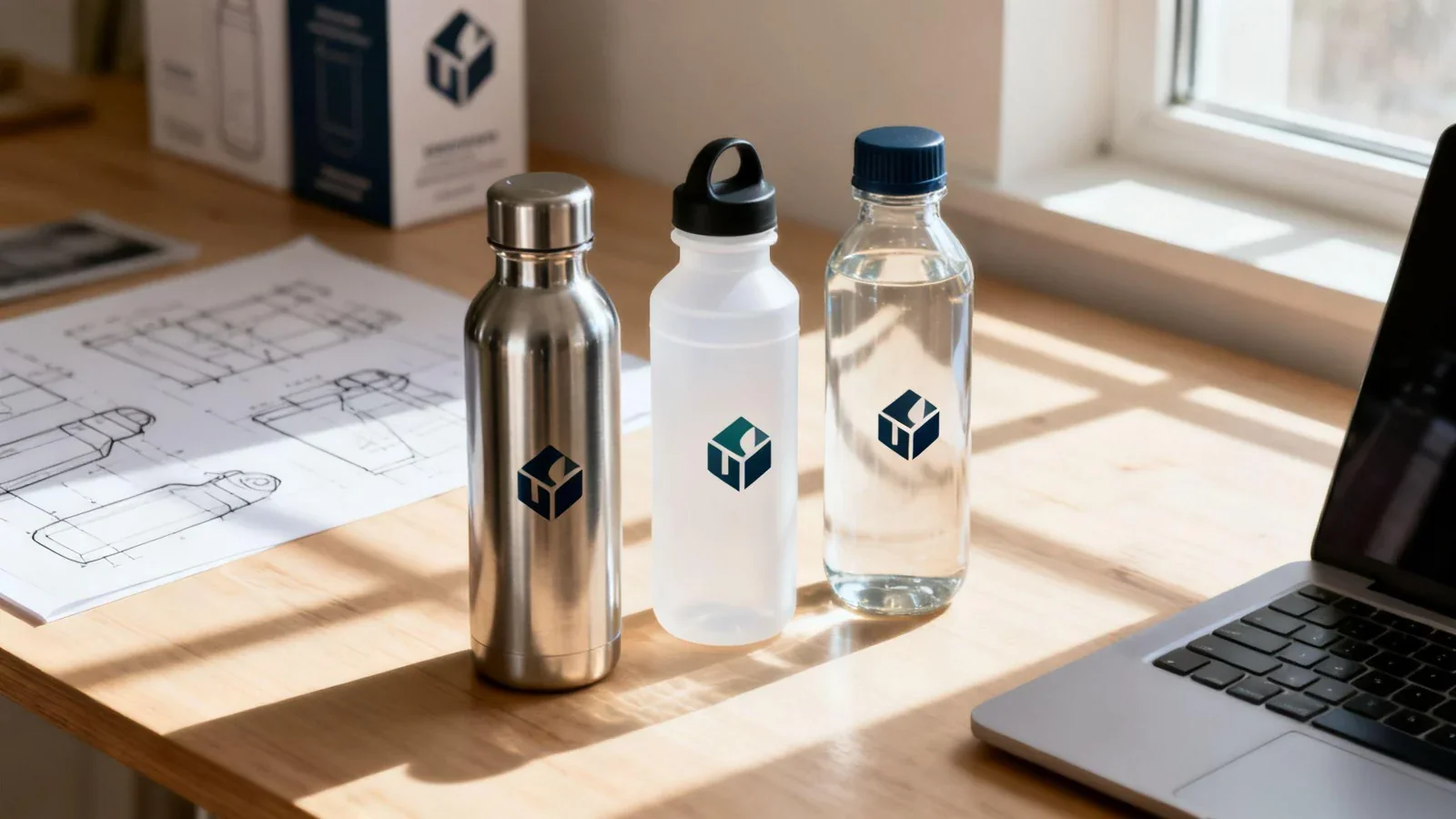 Different drinkware materials on a sample desk