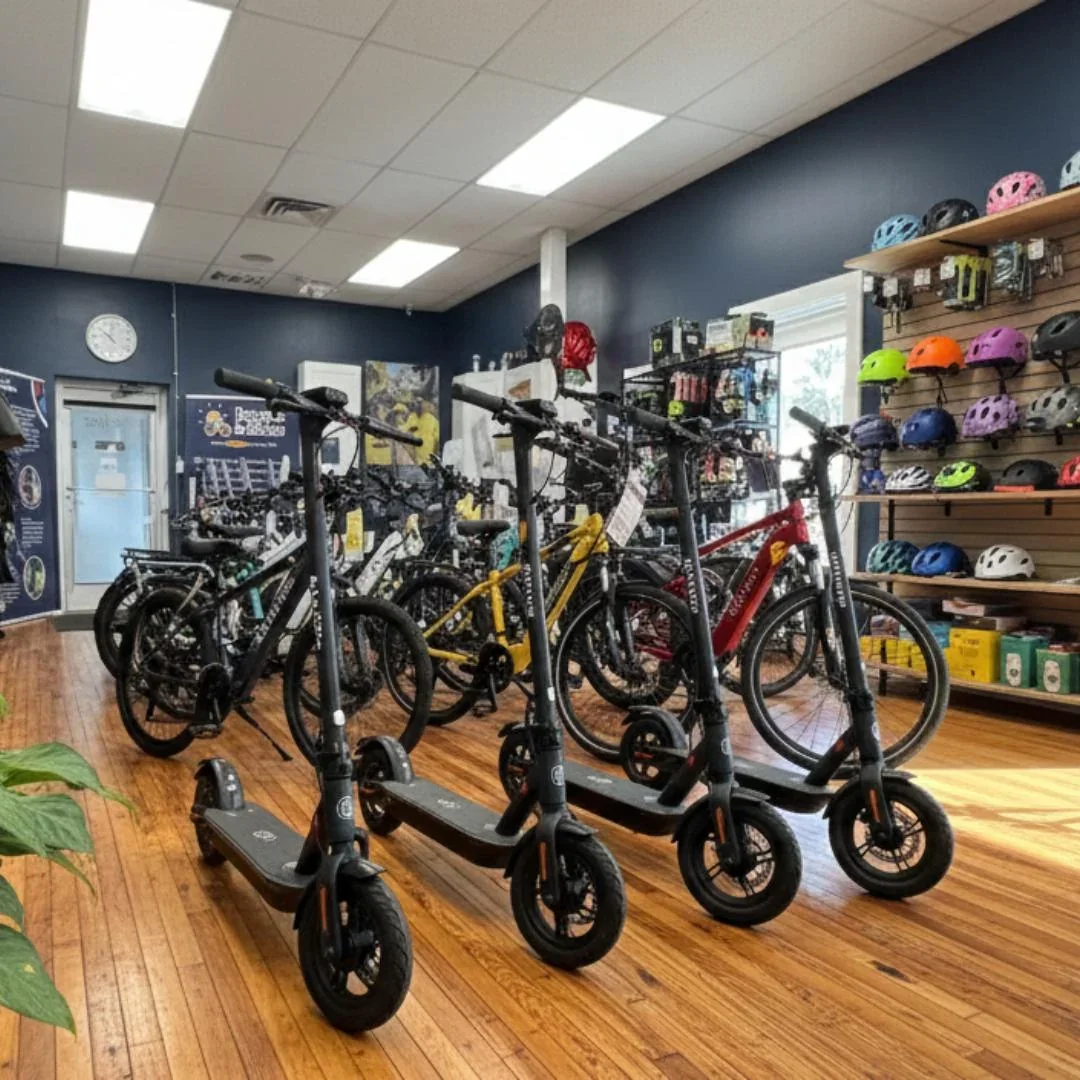 Electric scooters in a retail display