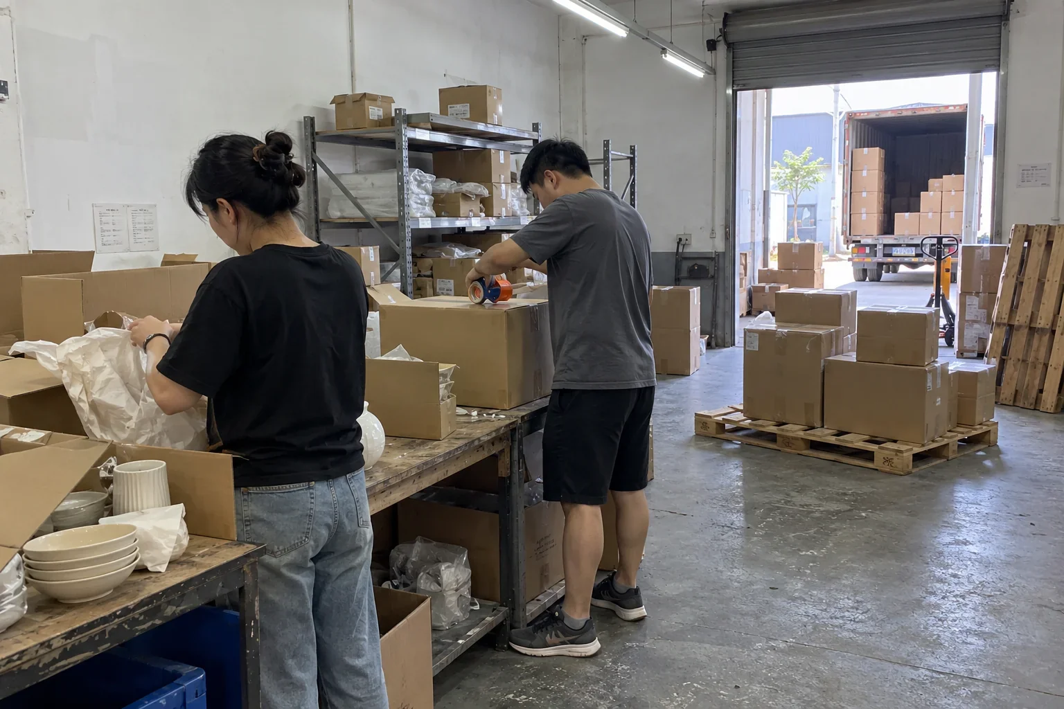 Workers packing assorted goods for dispatch