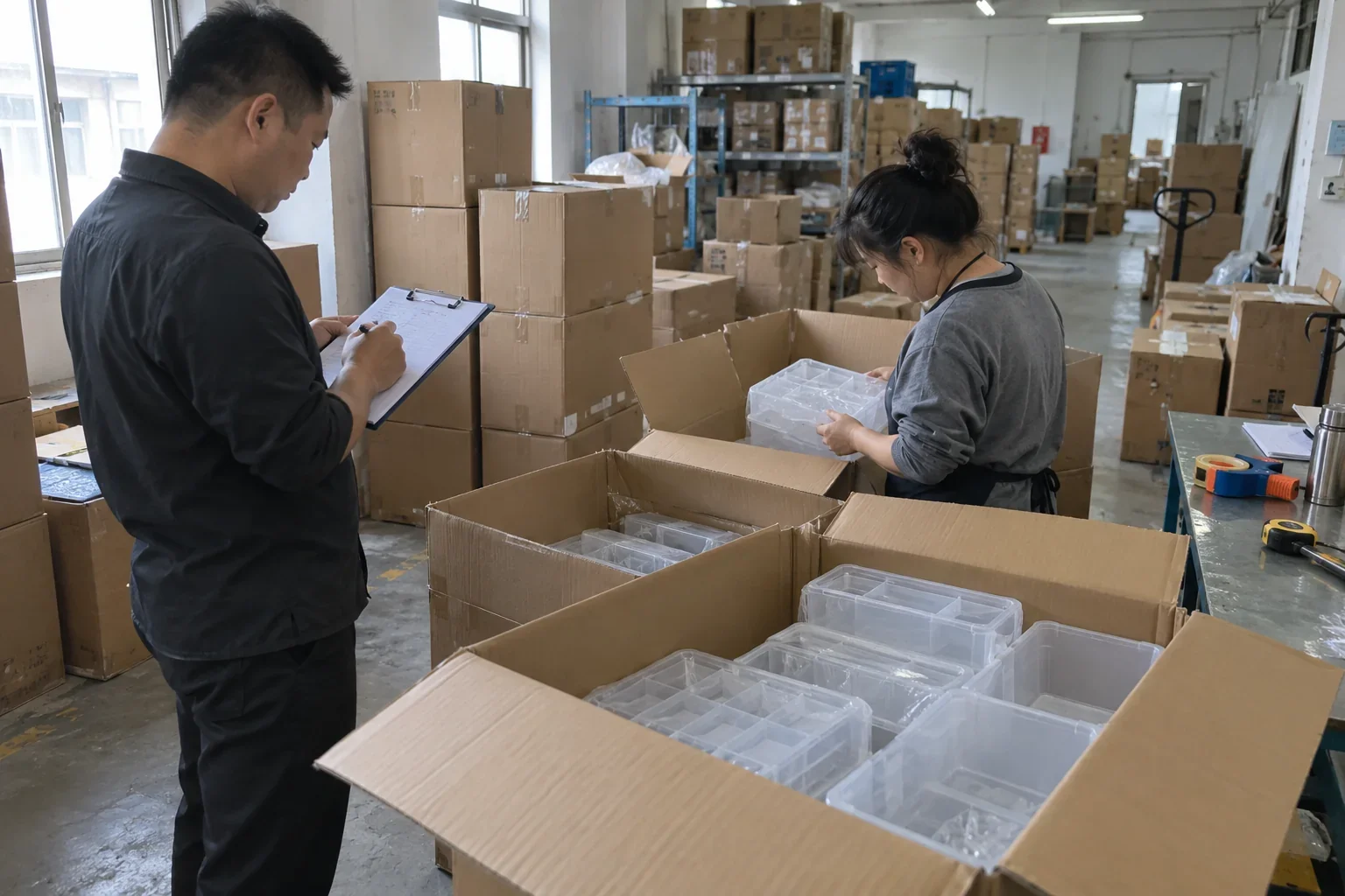 A team checking bulk cartons and packing quantities