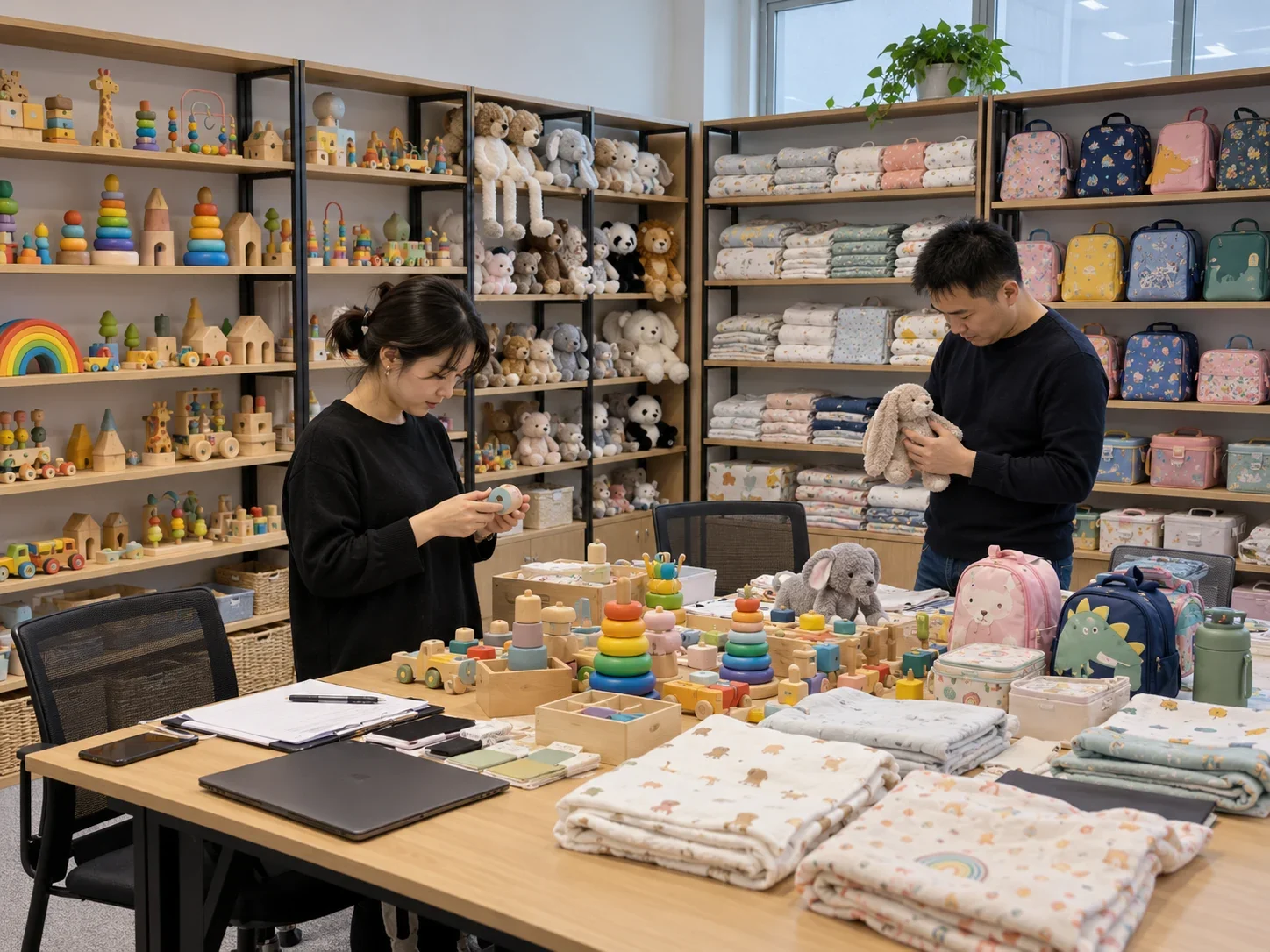 Toys and baby textiles in a sourcing sample room