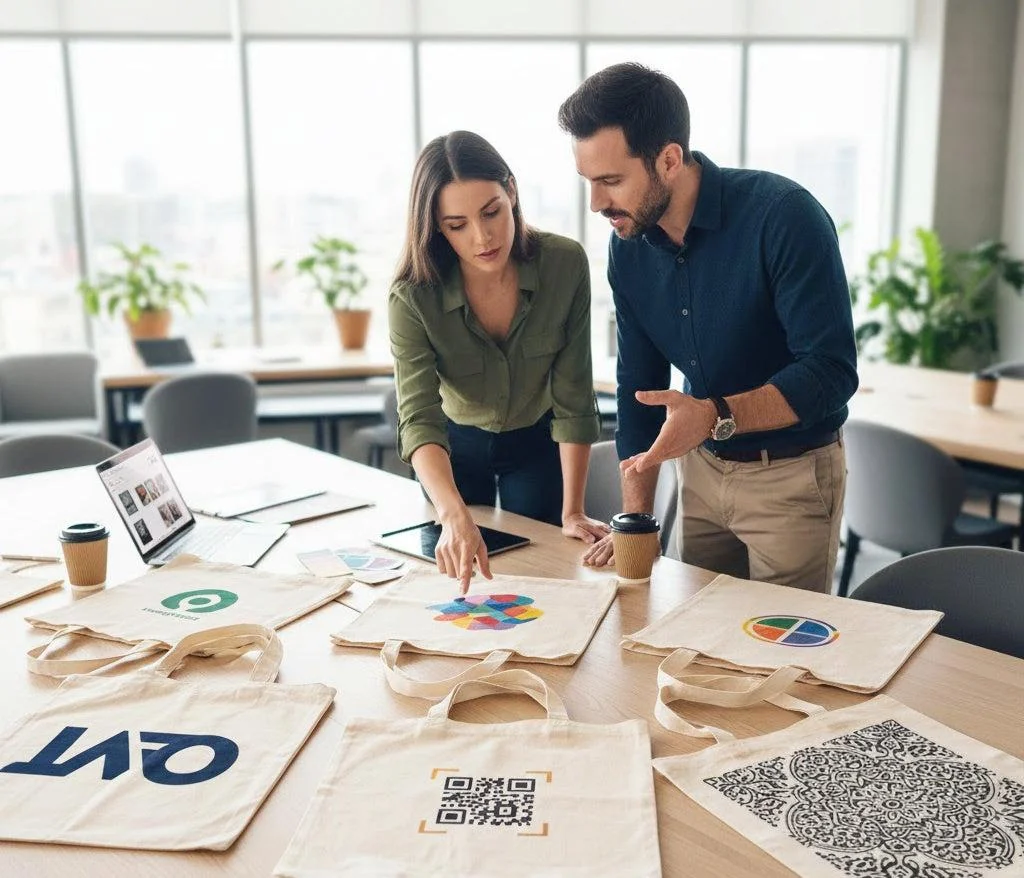 A team reviewing different logo treatments on canvas bags